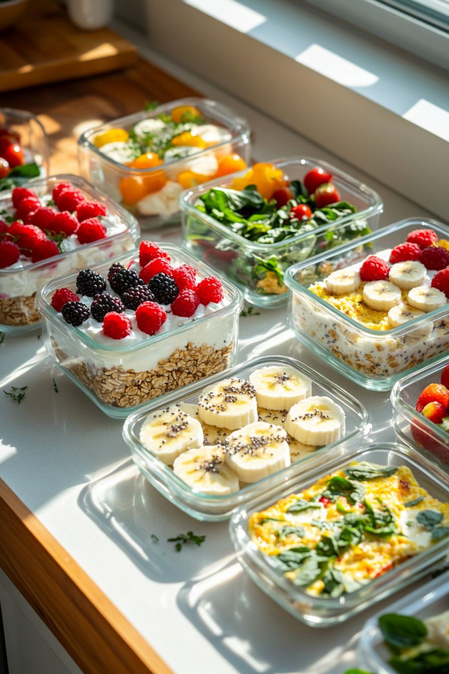 Organized kitchen counter with labeled containers and a weekly meal planning board